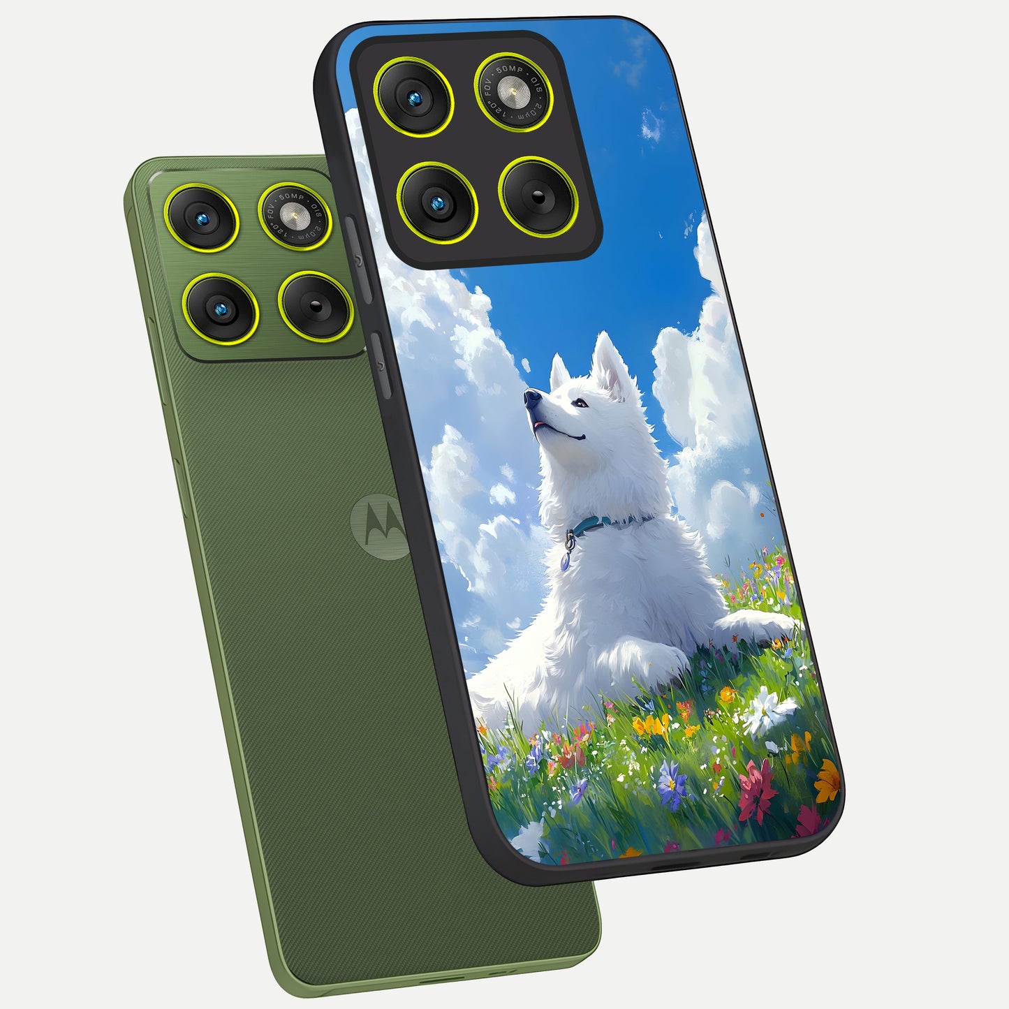  Blissful Cloud Pup phone case For Moto Edge 70 showing premium glass back cover with detailed artwork