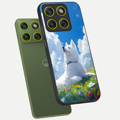  Blissful Cloud Pup phone case For Moto Edge 70 showing premium glass back cover with detailed artwork