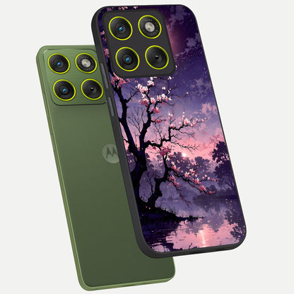  Blossom Pink Moon phone case For Moto Edge 70 showing premium glass back cover with detailed artwork