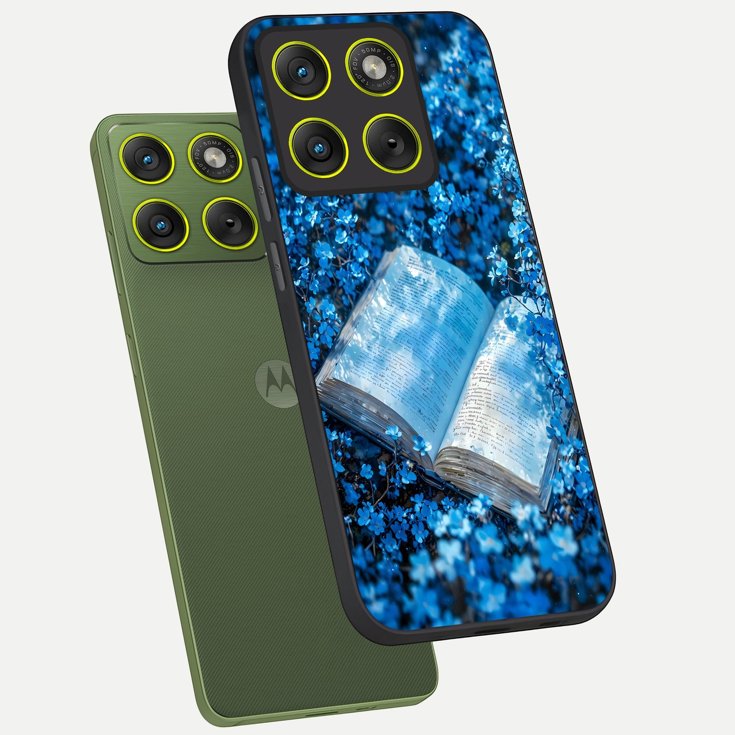  Blue Bloom Tales phone case For Moto Edge 70 showing premium glass back cover with detailed artwork