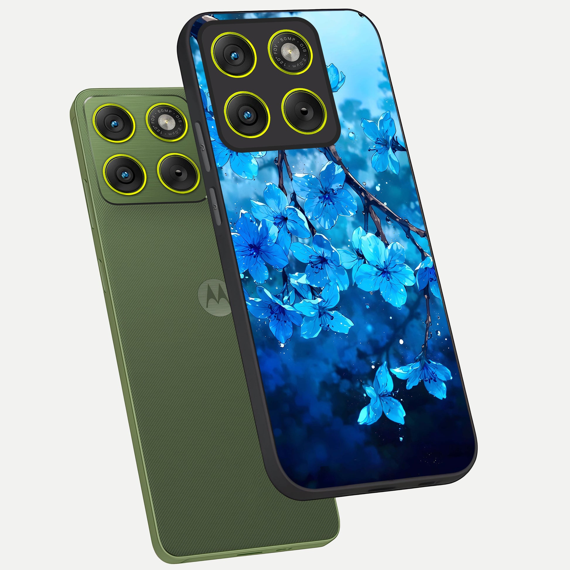  Blue Blossoms Branch phone case For Moto Edge 70 showing premium glass back cover with detailed artwork