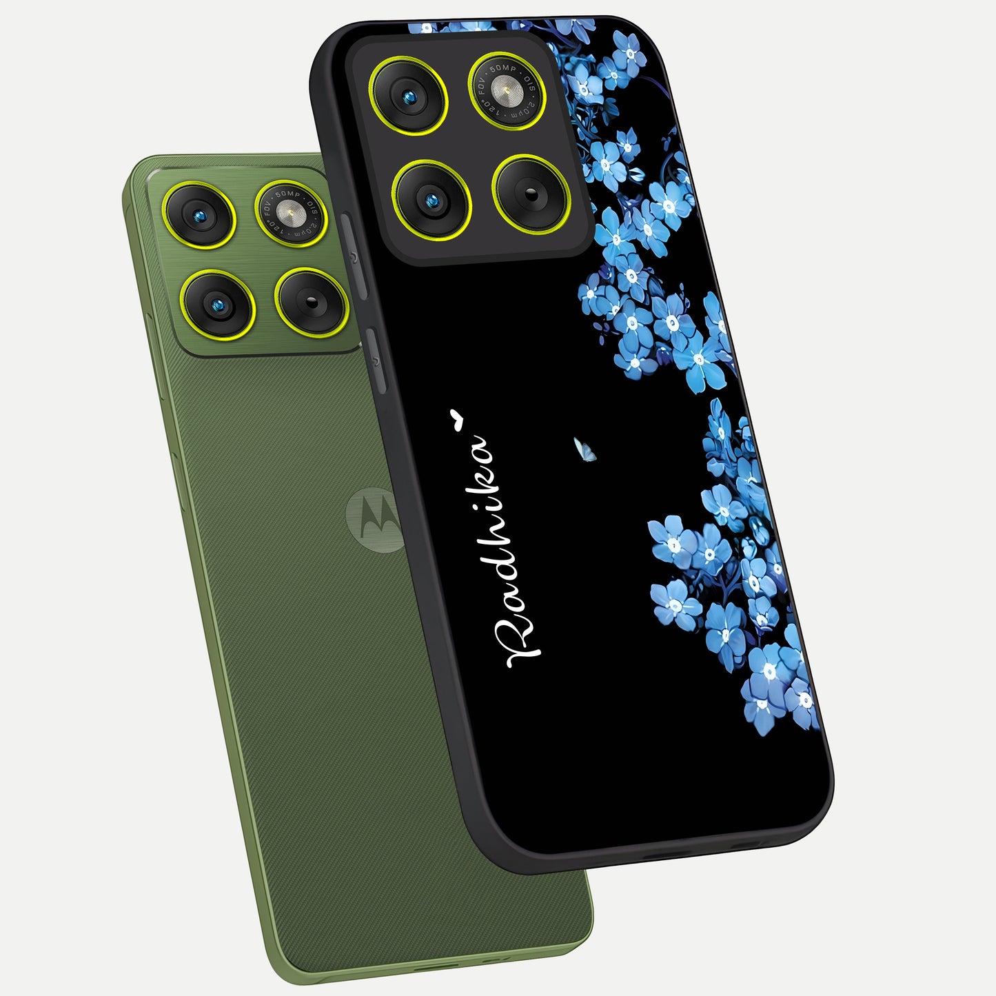  Blue Petal Dream Custom Name phone case For Moto Edge 70 showing premium glass back cover with detailed artwork