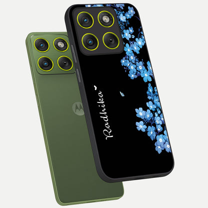  Blue Petal Dream Custom Name phone case For Moto Edge 70 showing premium glass back cover with detailed artwork