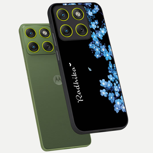  Blue Petal Dream Custom Name phone case For Moto Edge 70 showing premium glass back cover with detailed artwork