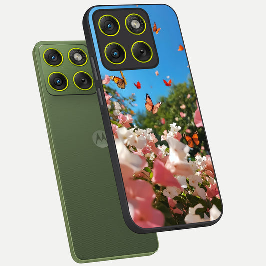  Butterflies In Bloom Sky phone case For Moto Edge 70 showing premium glass back cover with detailed artwork