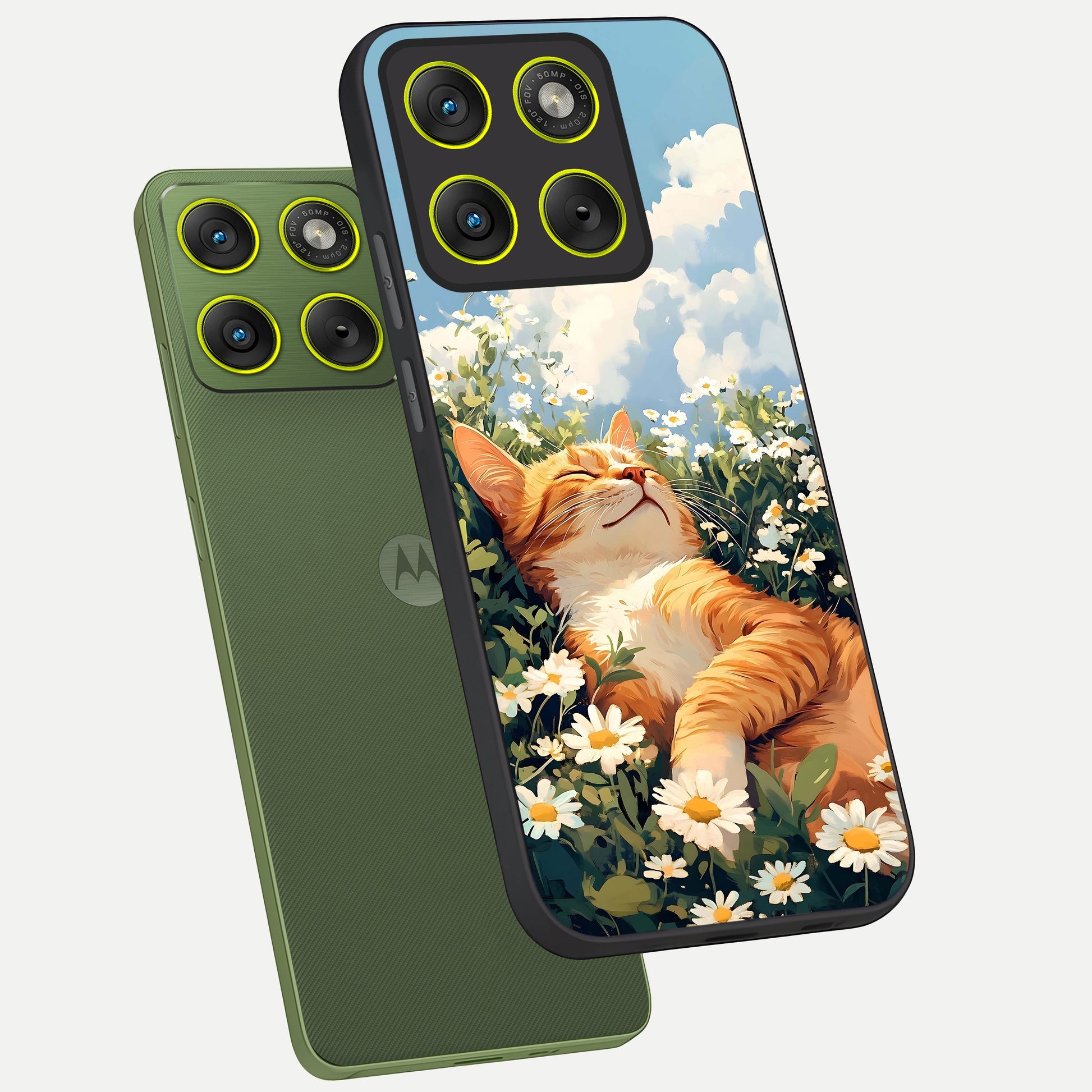  Cat And Flowers View phone case For Moto Edge 70 showing premium glass back cover with detailed artwork