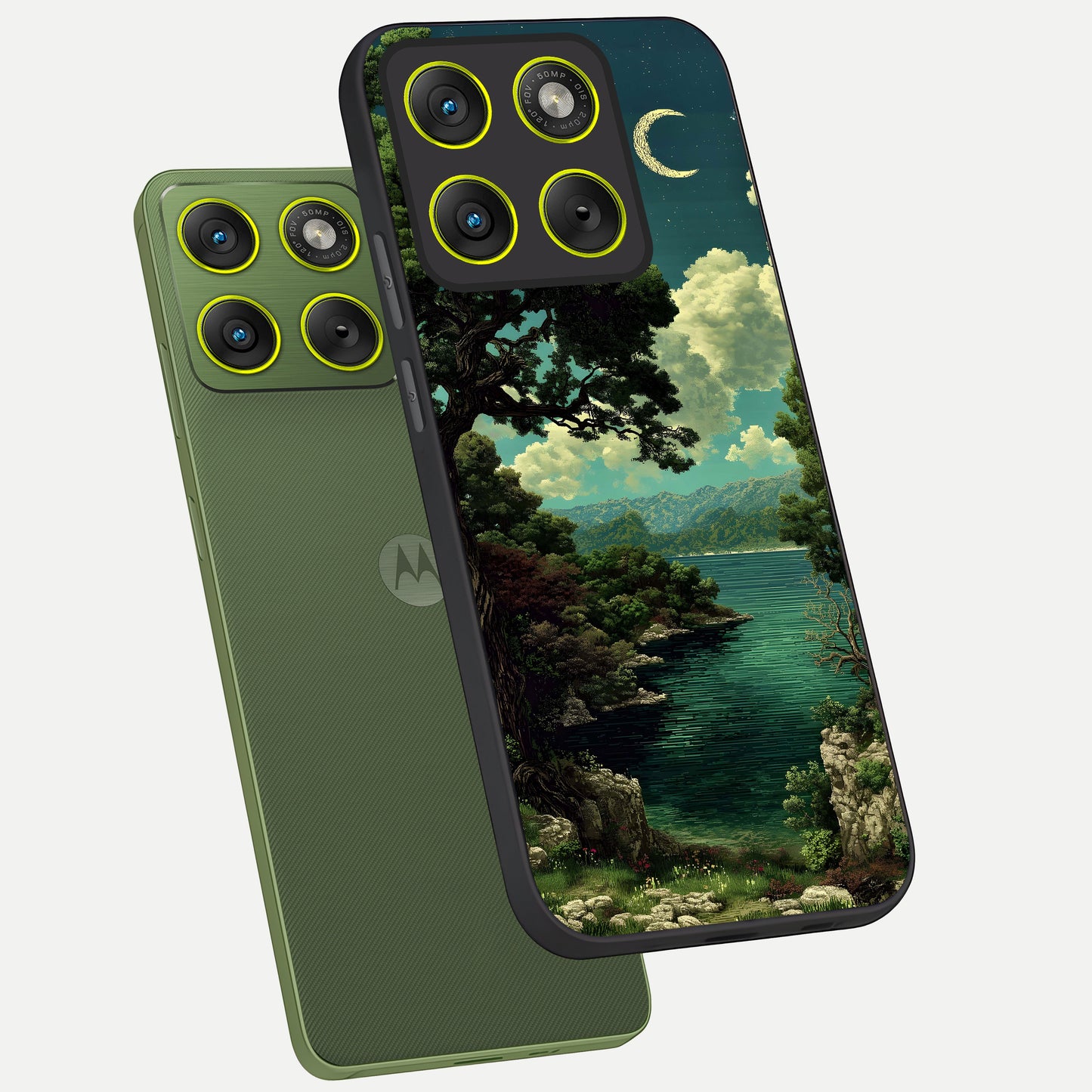  Celestial Lake Peace phone case For Moto Edge 70 showing premium glass back cover with detailed artwork