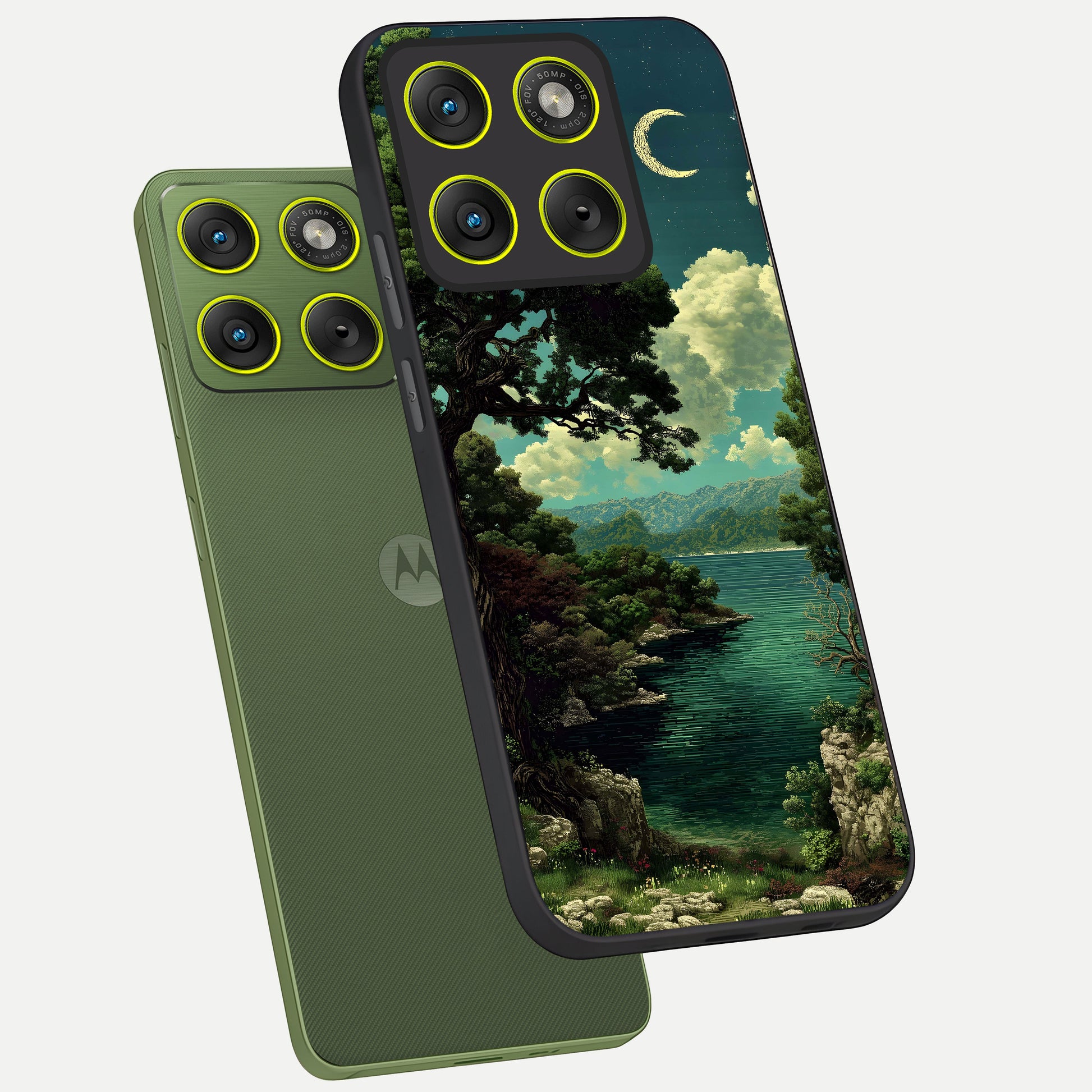  Celestial Lake Peace phone case For Moto Edge 70 showing premium glass back cover with detailed artwork
