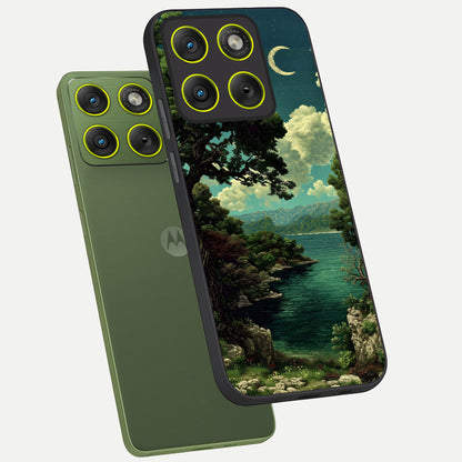 Celestial Lake Peace phone case For Moto Edge 70 showing premium glass back cover with detailed artwork