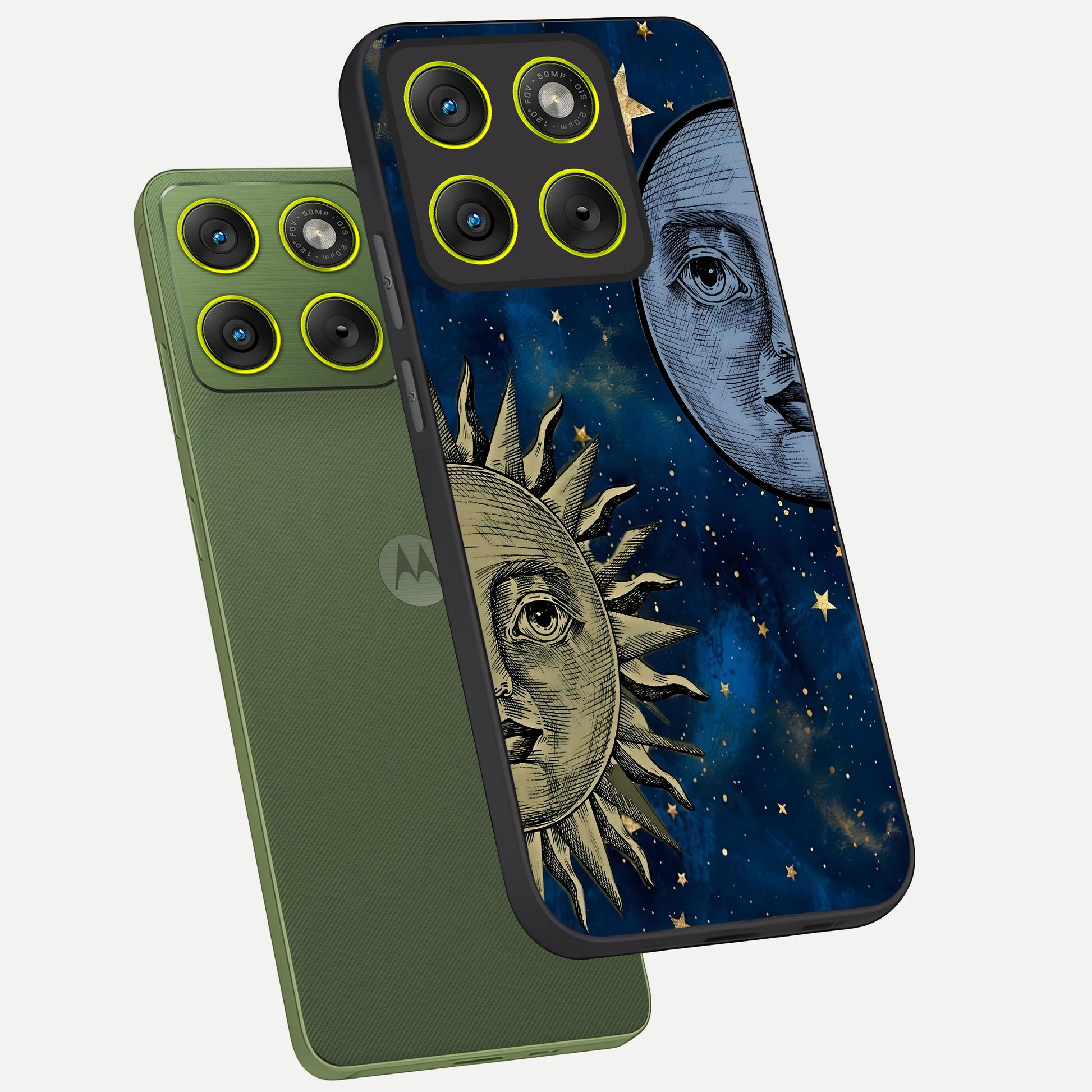  Celestial Moon With Sun phone case For Moto Edge 70 showing premium glass back cover with detailed artwork