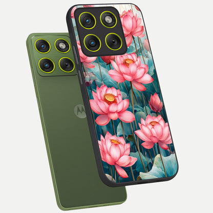  Celestial Pink Lotus phone case For Moto Edge 70 showing premium glass back cover with detailed artwork
