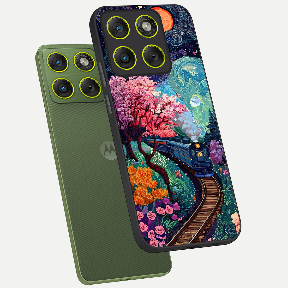  Celestial Train Journey phone case For Moto Edge 70 showing premium glass back cover with detailed artwork