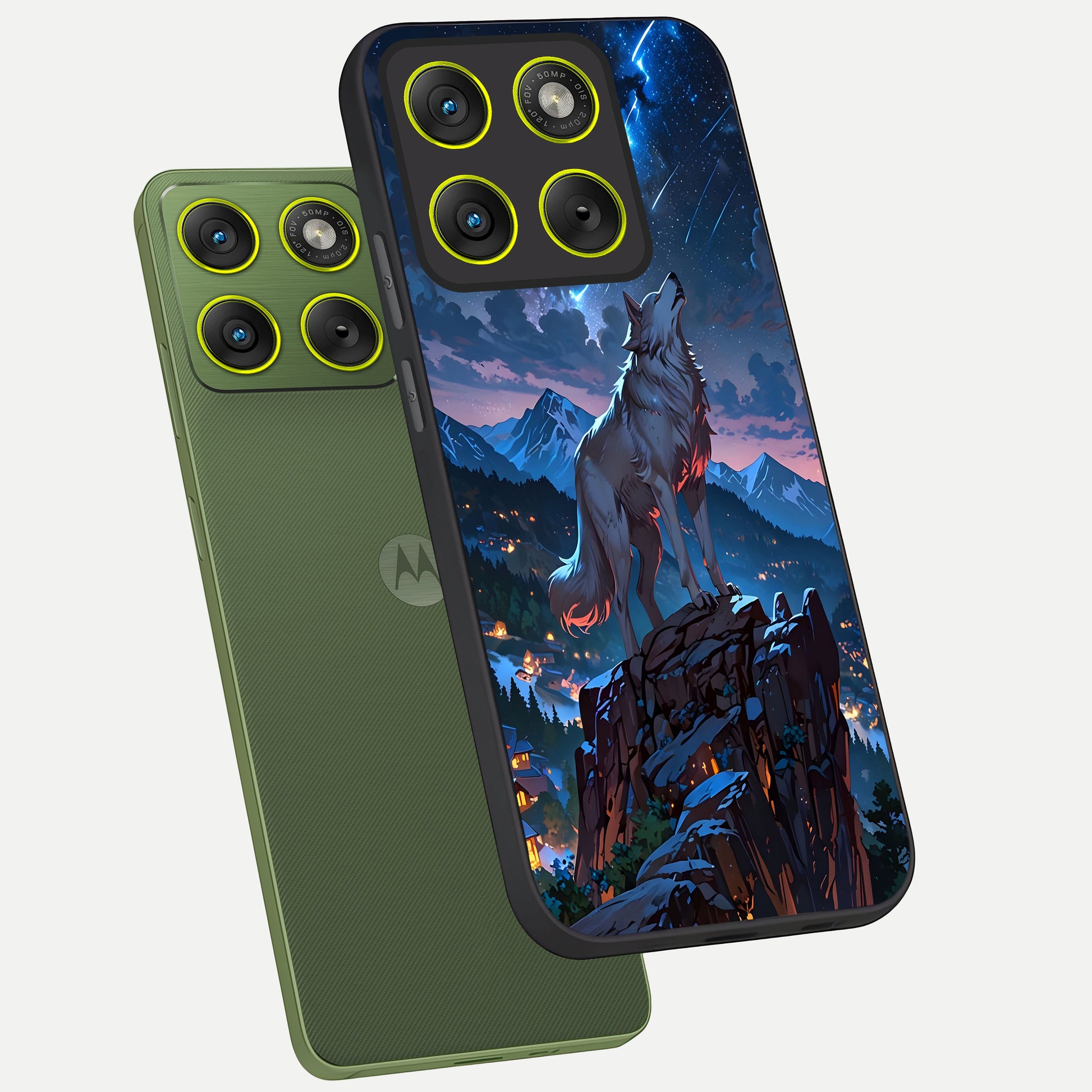  Celestial Wolf Howl phone case For Moto Edge 70 showing premium glass back cover with detailed artwork