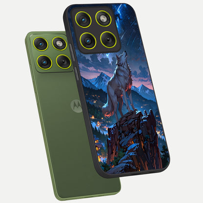  Celestial Wolf Howl phone case For Moto Edge 70 showing premium glass back cover with detailed artwork