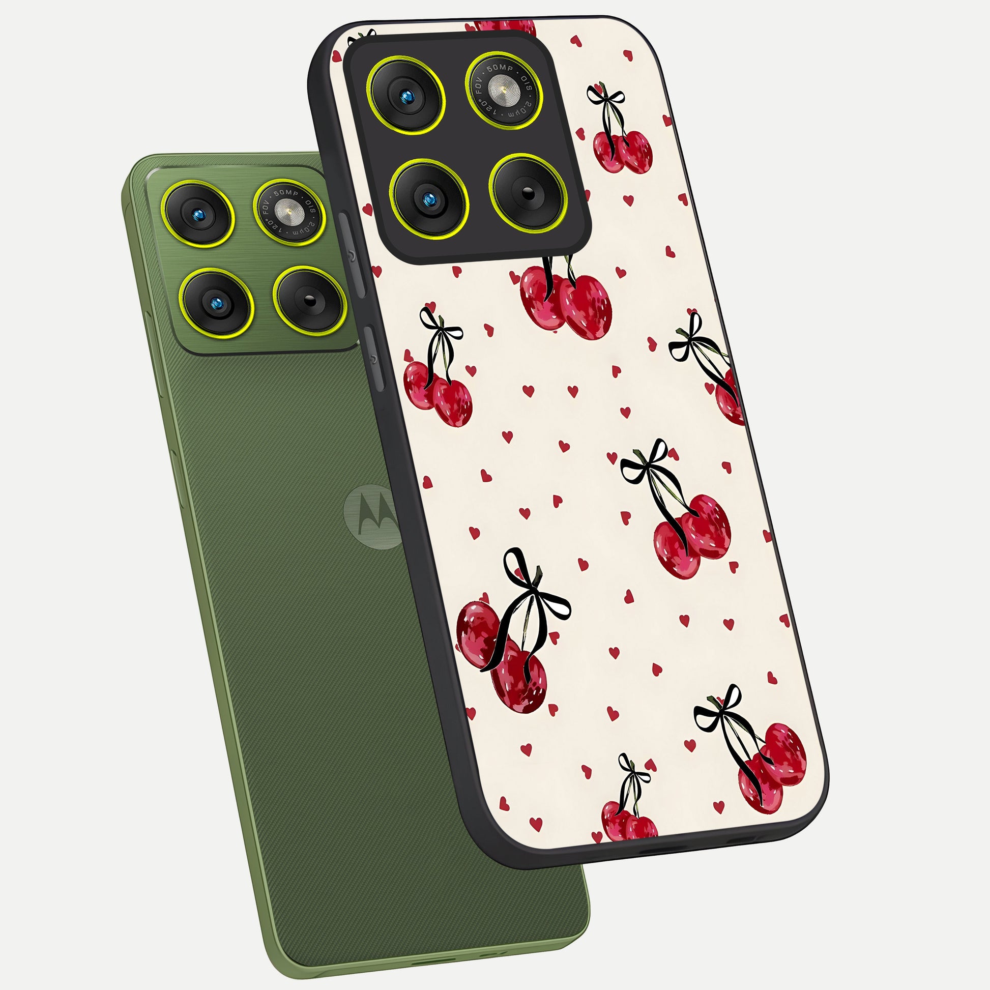  Cherry Heart Bow phone case For Moto Edge 70 showing premium glass back cover with detailed artwork
