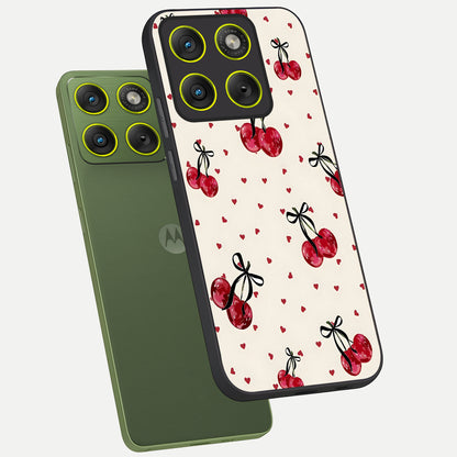  Cherry Heart Bow phone case For Moto Edge 70 showing premium glass back cover with detailed artwork
