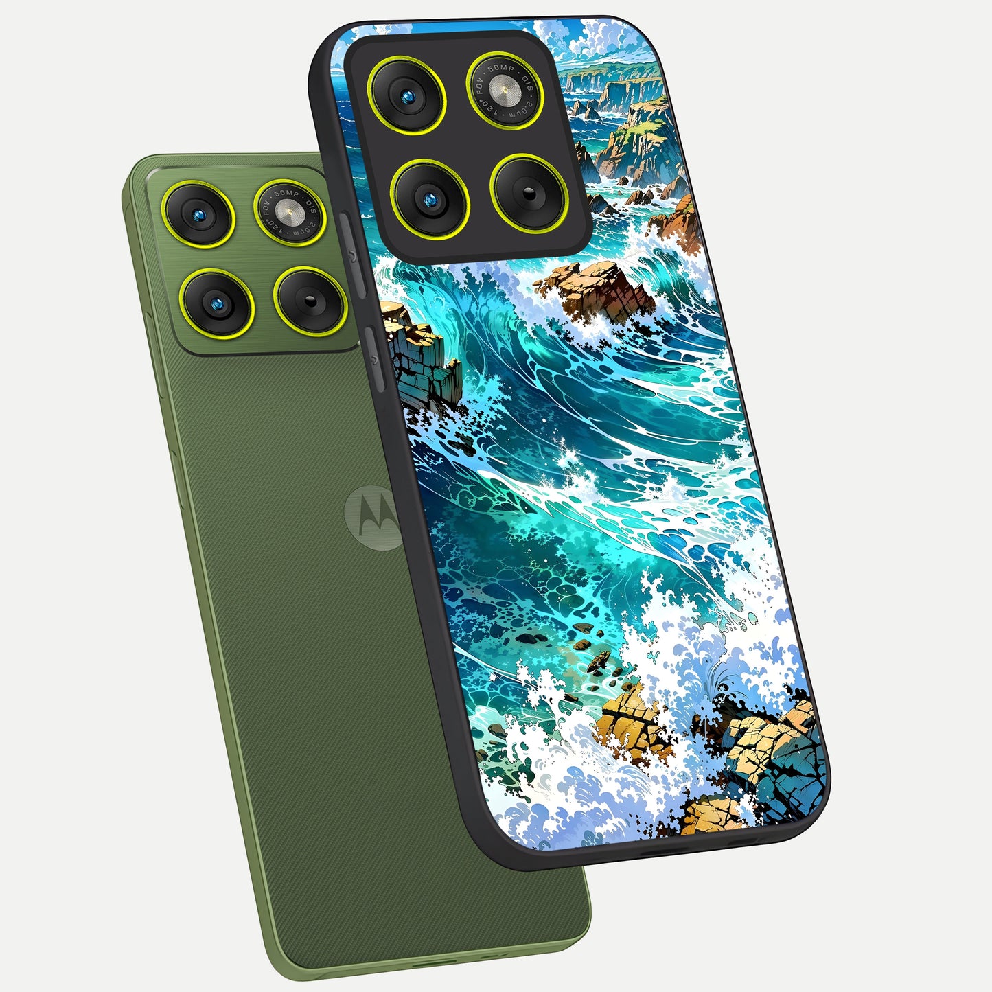  Coastal Blue Waves phone case For Moto Edge 70 showing premium glass back cover with detailed artwork