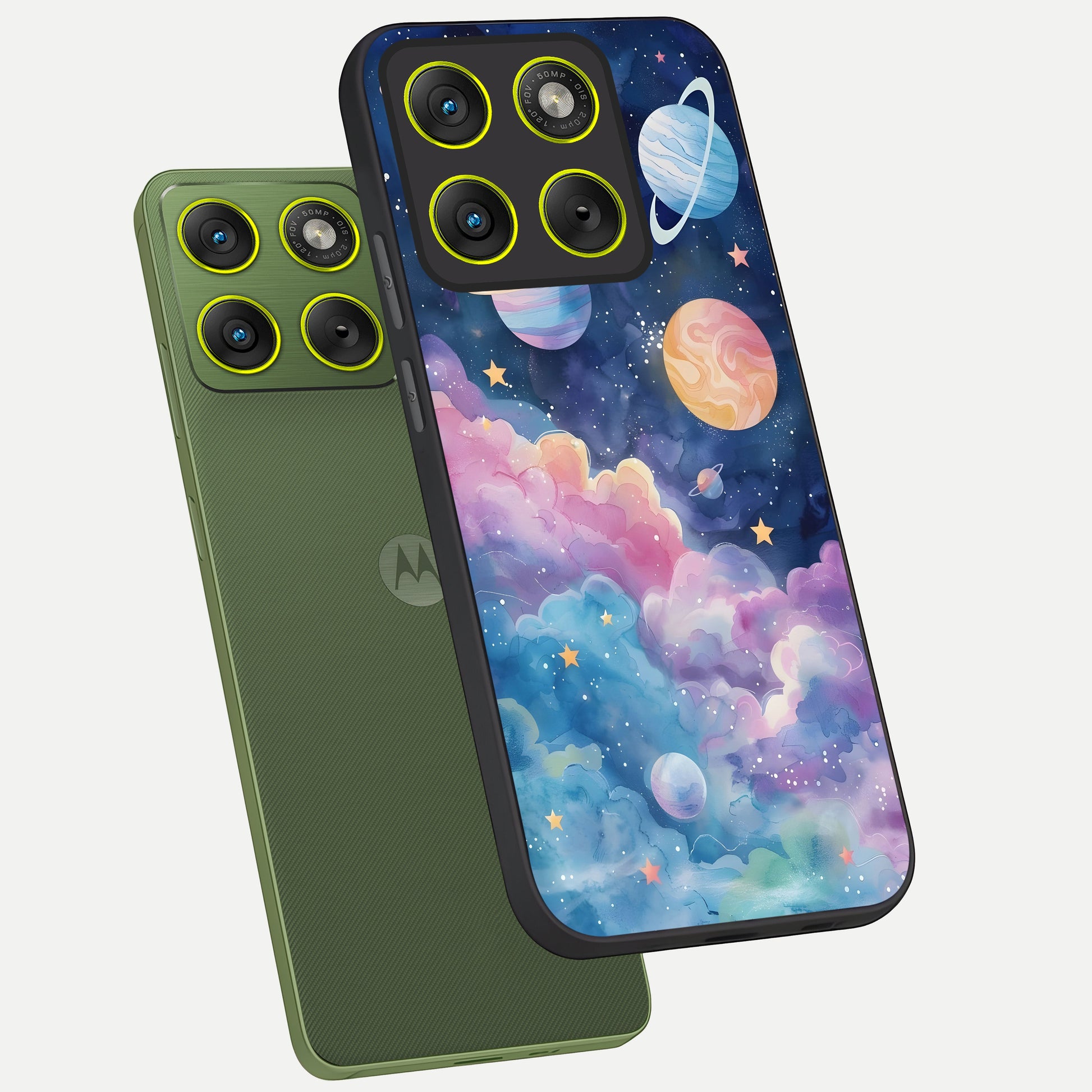 Cosmic Planet Dreams phone case For Moto Edge 70 showing premium glass back cover with detailed artwork