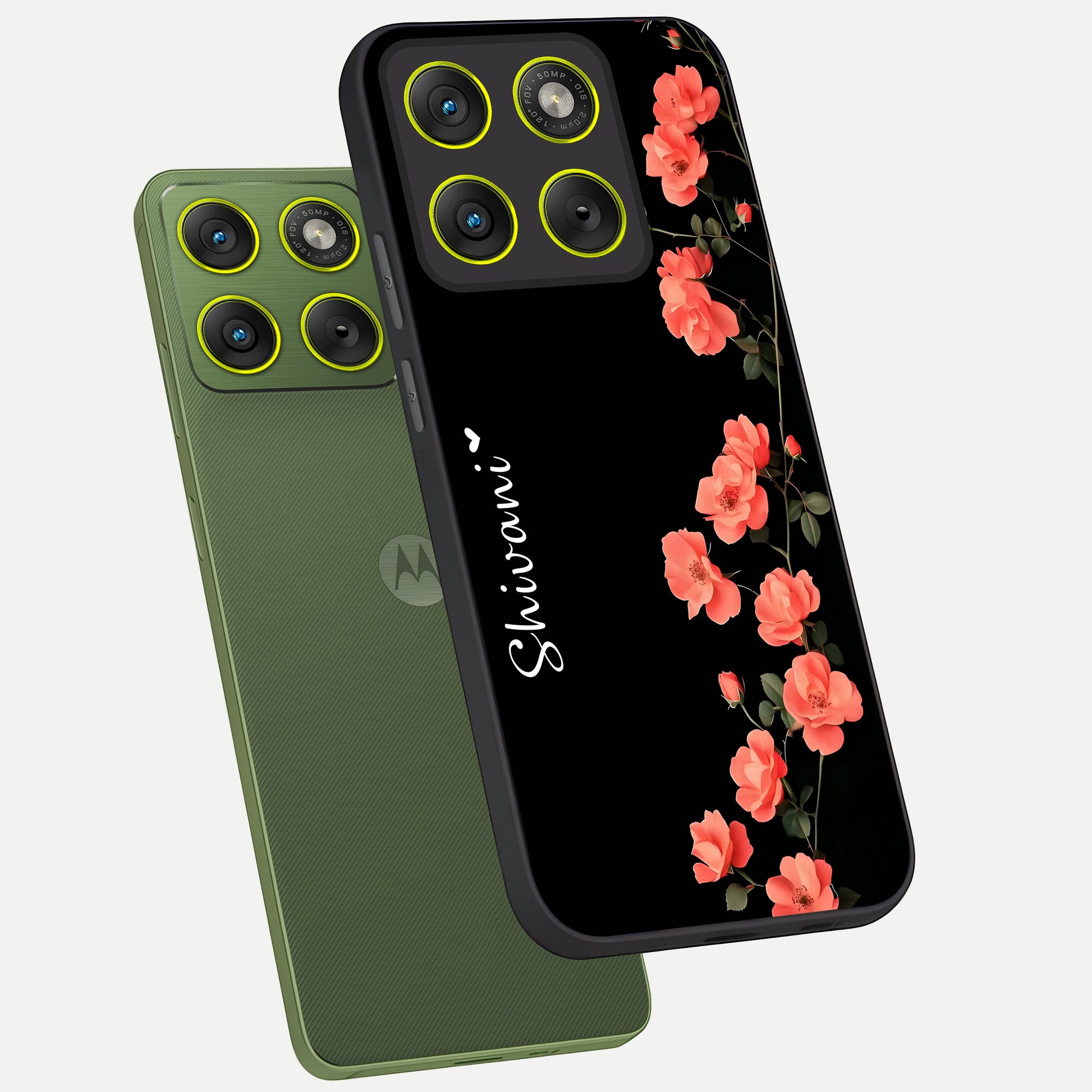  Crimson Bloom Grace Custom Name phone case For Moto Edge 70 showing premium glass back cover with detailed artwork