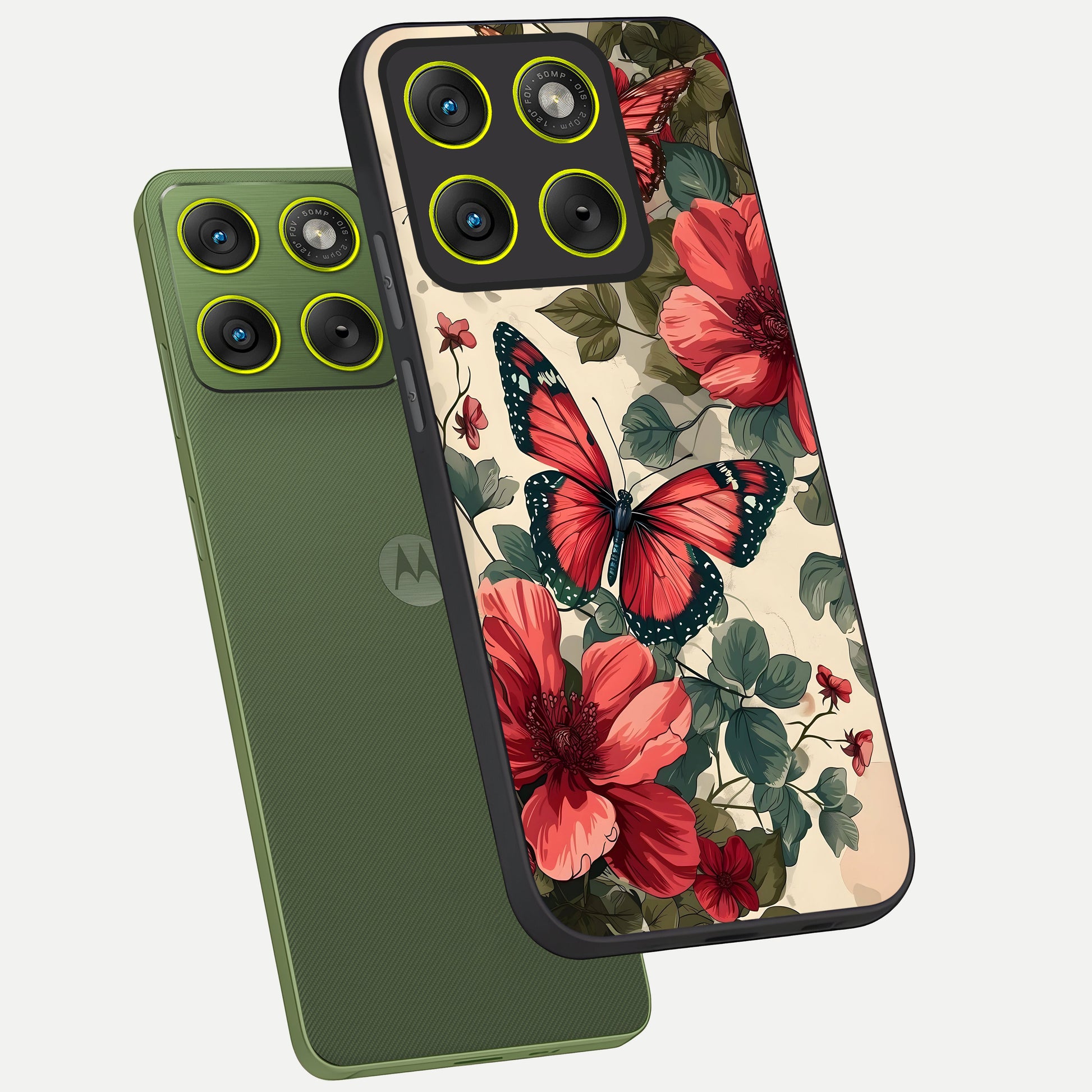  Crimson Butterfly Garden phone case For Moto Edge 70 showing premium glass back cover with detailed artwork