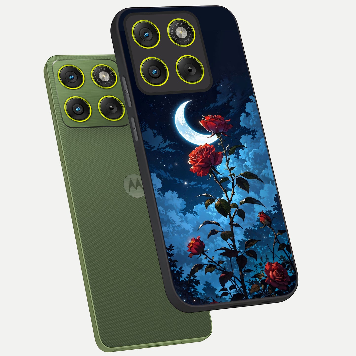  Crimson Rose Moon phone case For Moto Edge 70 showing premium glass back cover with detailed artwork