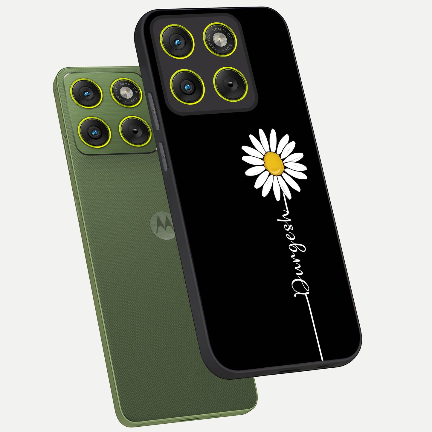  Custom Name White Flower phone case For Moto Edge 70 showing premium glass back cover with detailed artwork