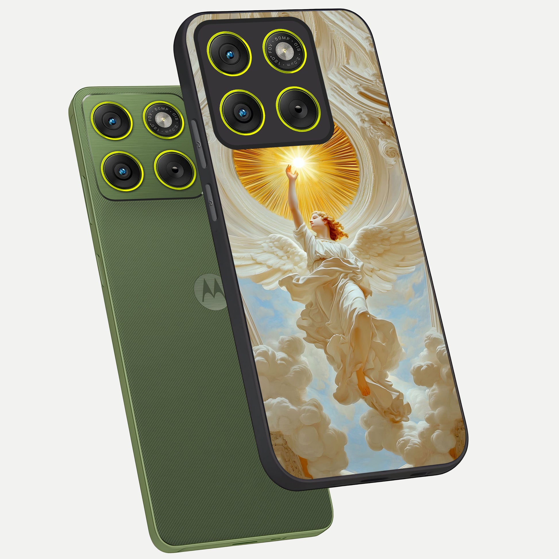  Divine Light Angel phone case For Moto Edge 70 showing premium glass back cover with detailed artwork