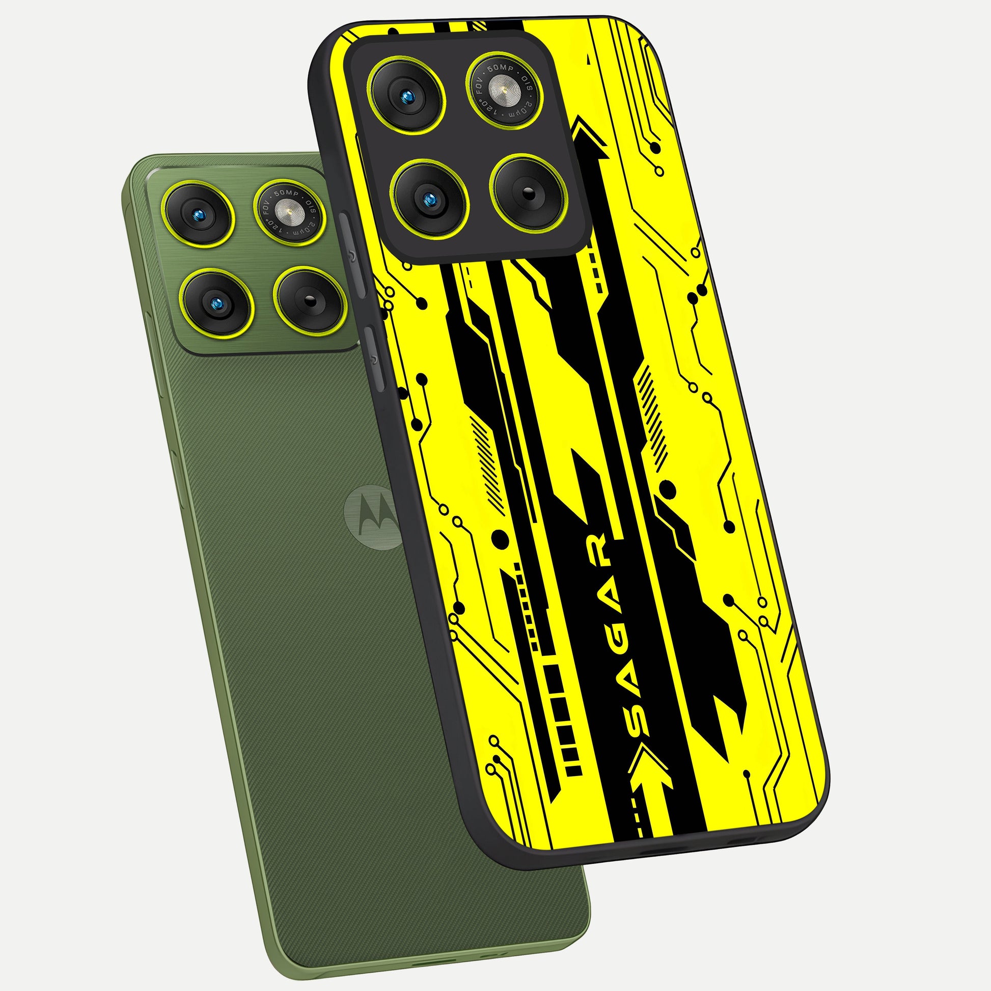  Electric Pulse CYBERPUNK Custom Name phone case For Moto Edge 70 showing premium glass back cover with detailed artwork