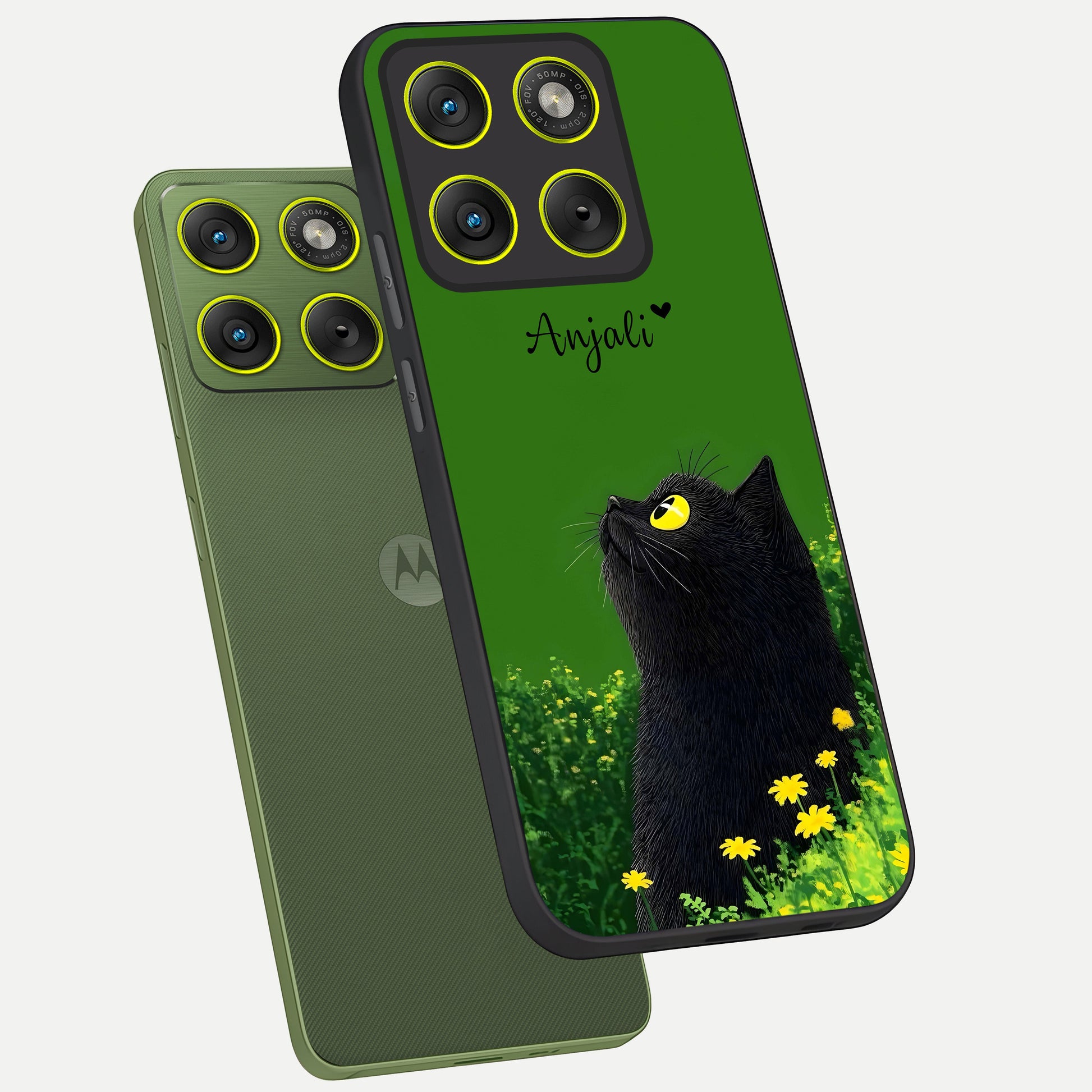  Emerald Cat Custom Name phone case For Moto Edge 70 showing premium glass back cover with detailed artwork