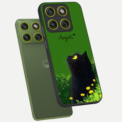  Emerald Cat Custom Name phone case For Moto Edge 70 showing premium glass back cover with detailed artwork