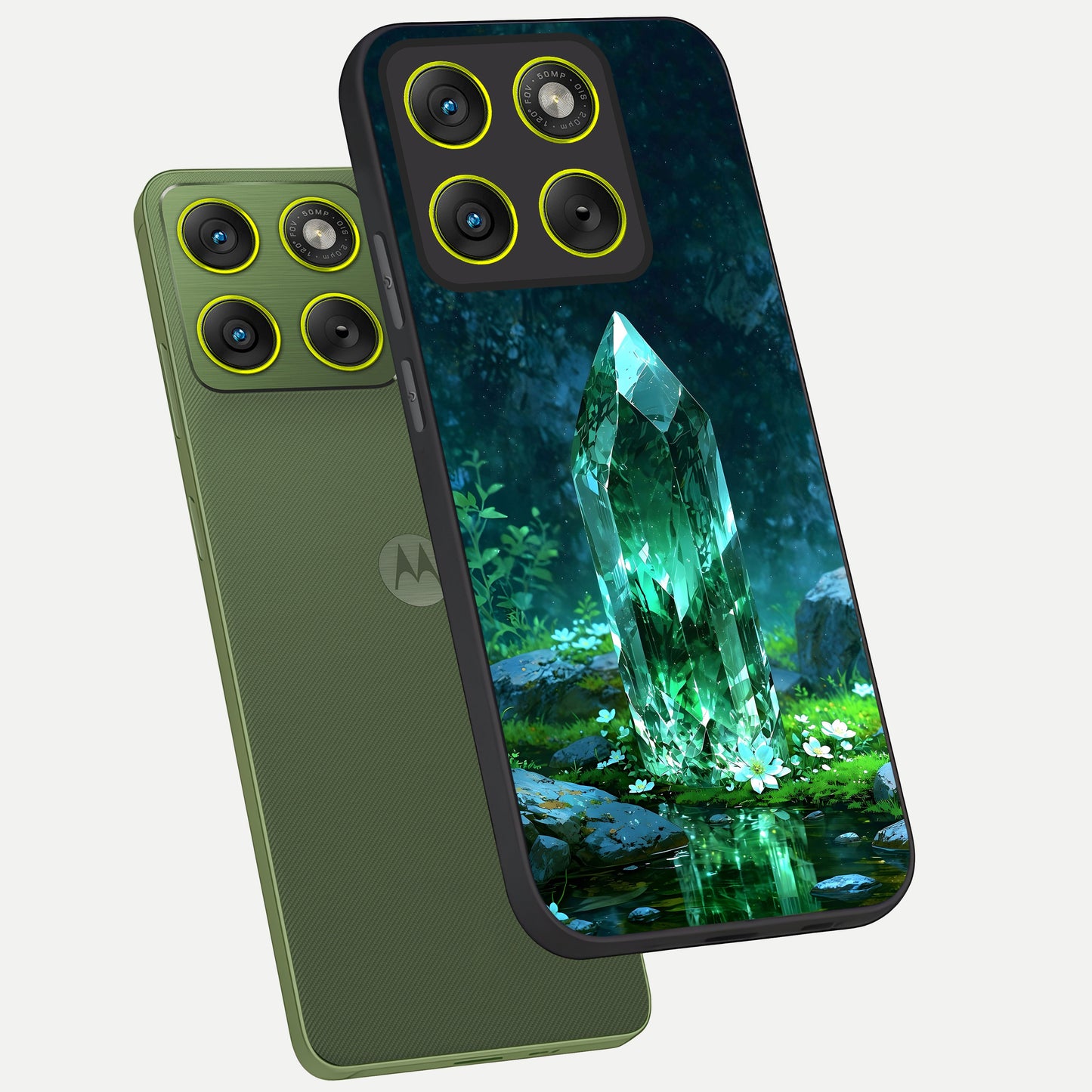  Emerald Light Crystal phone case For Moto Edge 70 showing premium glass back cover with detailed artwork