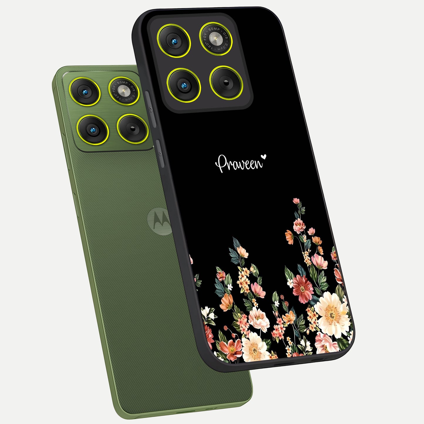  Floral Design Personalized Custom Name phone case For Moto Edge 70 showing premium glass back cover with detailed artwork
