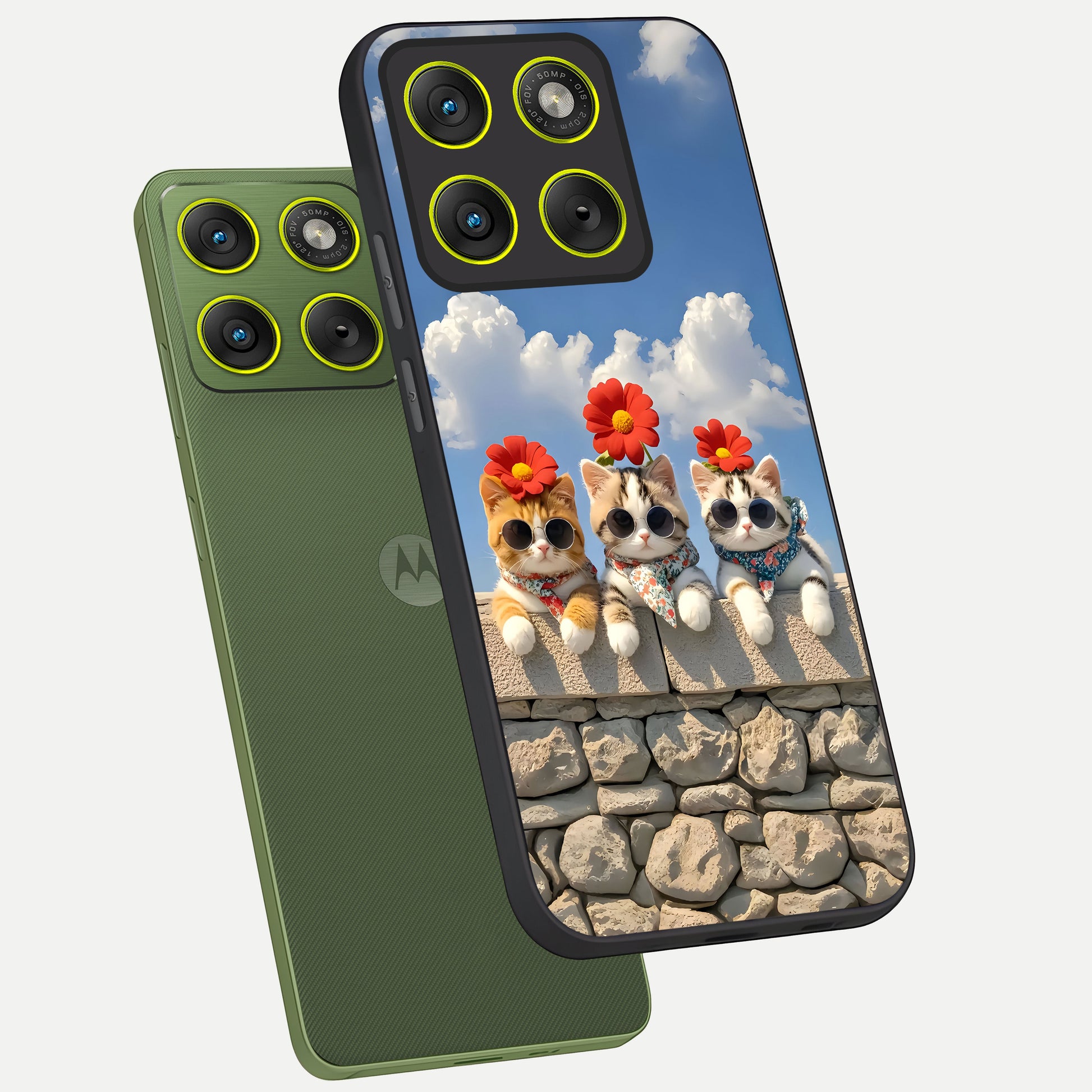  Floral Kitty Squad phone case For Moto Edge 70 showing premium glass back cover with detailed artwork