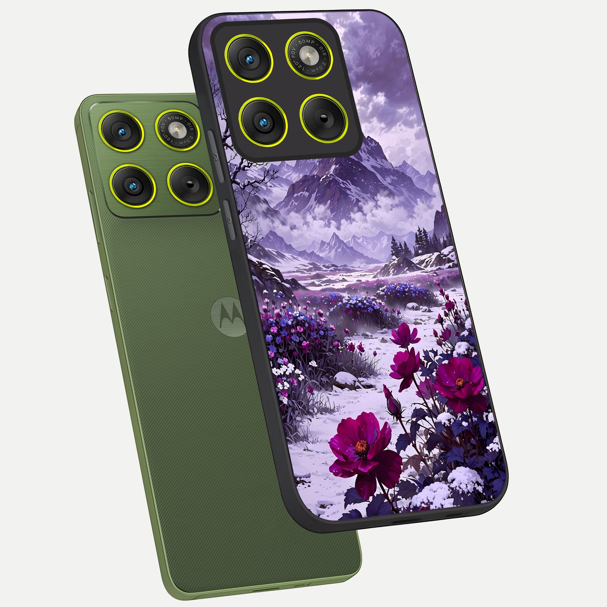  Flower Mountain View phone case For Moto Edge 70 showing premium glass back cover with detailed artwork
