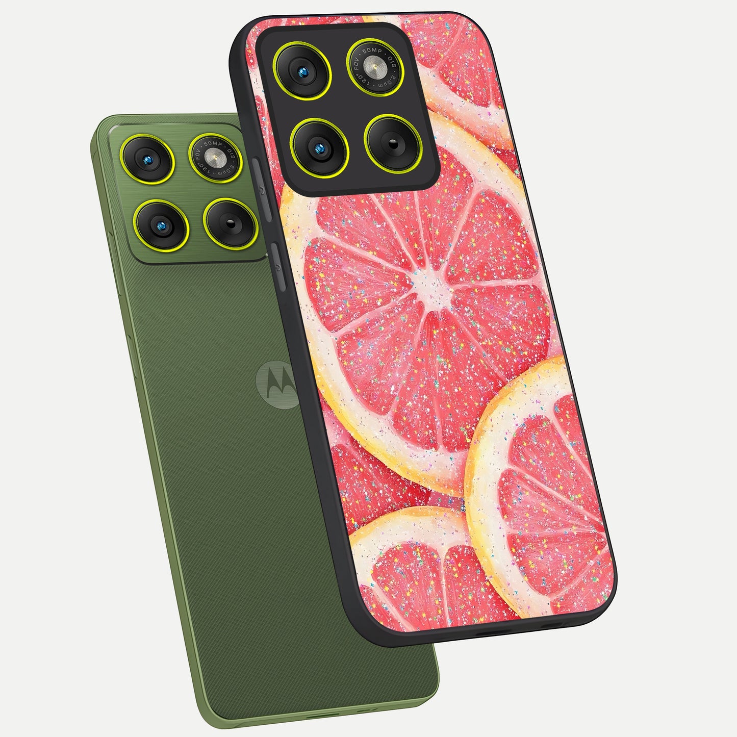  Glitter Grapefruit phone case For Moto Edge 70 showing premium glass back cover with detailed artwork