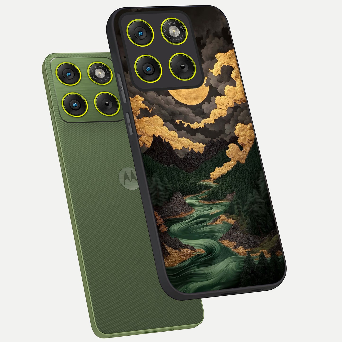  Golden River Moon phone case For Moto Edge 70 showing premium glass back cover with detailed artwork