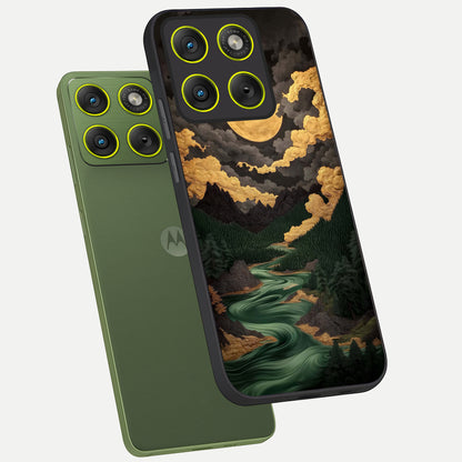  Golden River Moon phone case For Moto Edge 70 showing premium glass back cover with detailed artwork