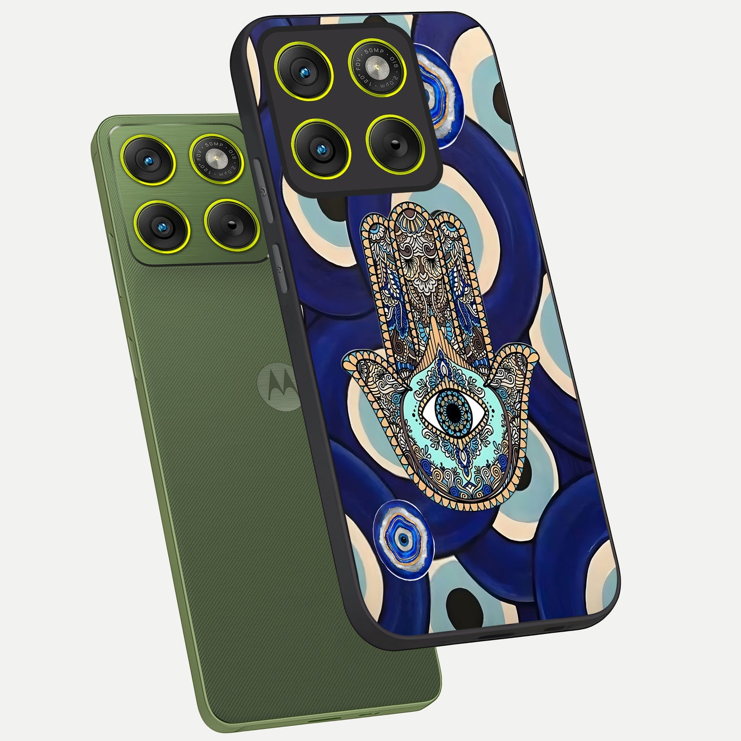  Hamsa Divine Guard phone case For Moto Edge 70 showing premium glass back cover with detailed artwork