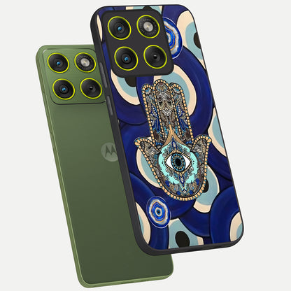  Hamsa Divine Guard phone case For Moto Edge 70 showing premium glass back cover with detailed artwork