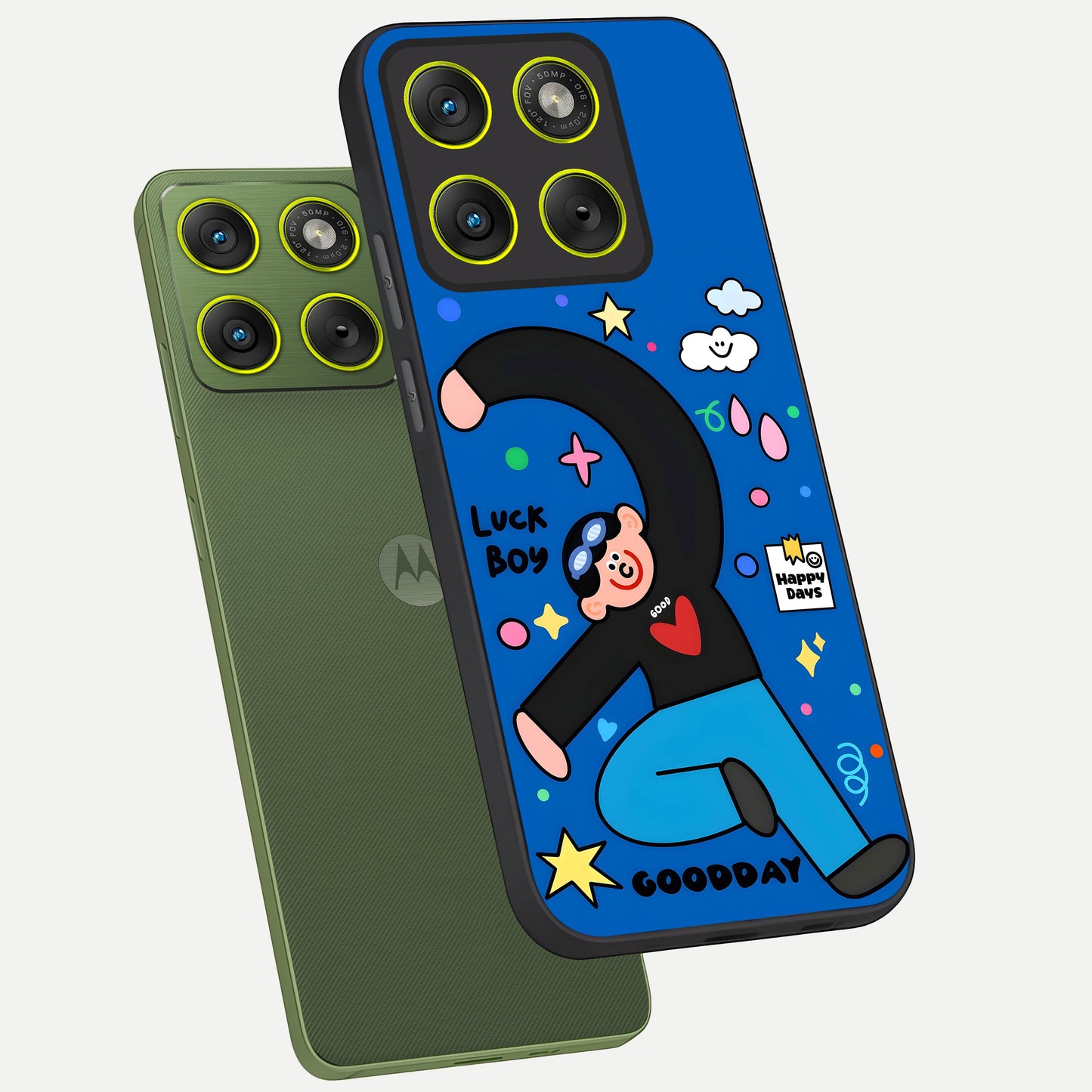  Happy Luck Vibe phone case For Moto Edge 70 showing premium glass back cover with detailed artwork