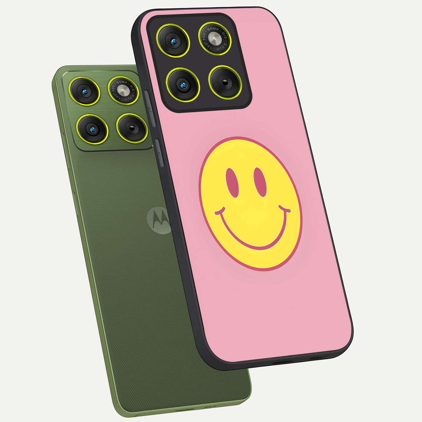 Happy Pink Mood phone case For Moto Edge 70 showing premium glass back cover with detailed artwork