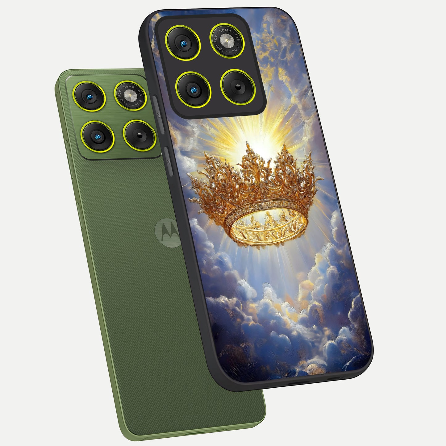  Heavenly Crown Light phone case For Moto Edge 70 showing premium glass back cover with detailed artwork