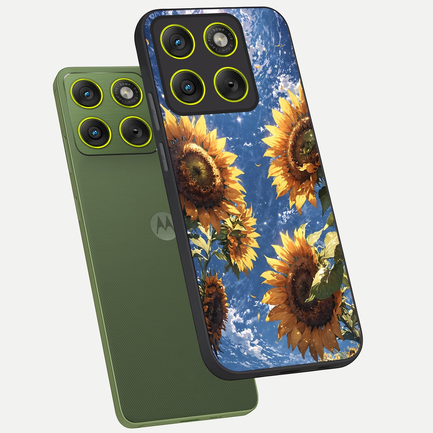  Heavenly Sunflower Rise phone case For Moto Edge 70 showing premium glass back cover with detailed artwork