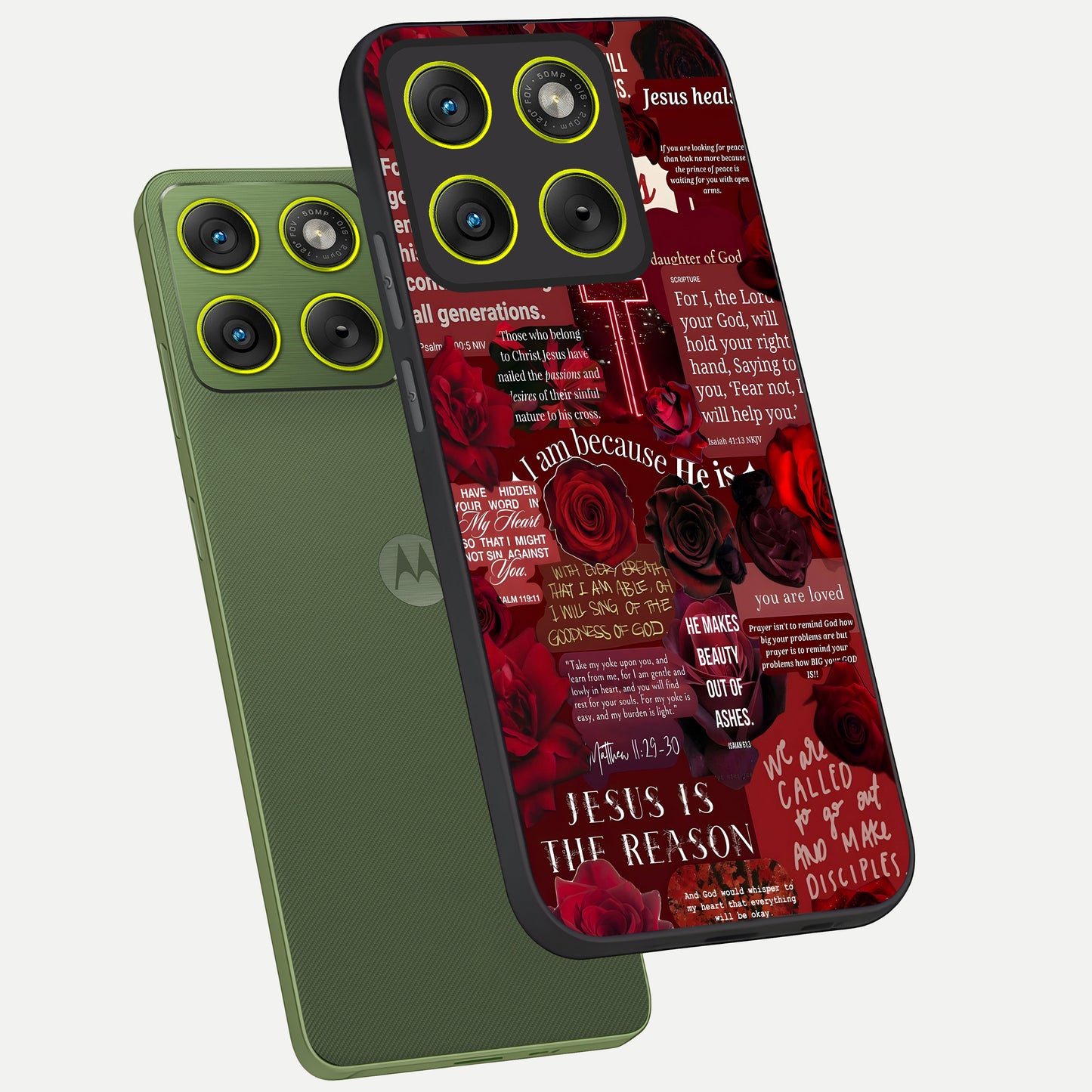  Jesus Love Heals phone case For Moto Edge 70 showing premium glass back cover with detailed artwork