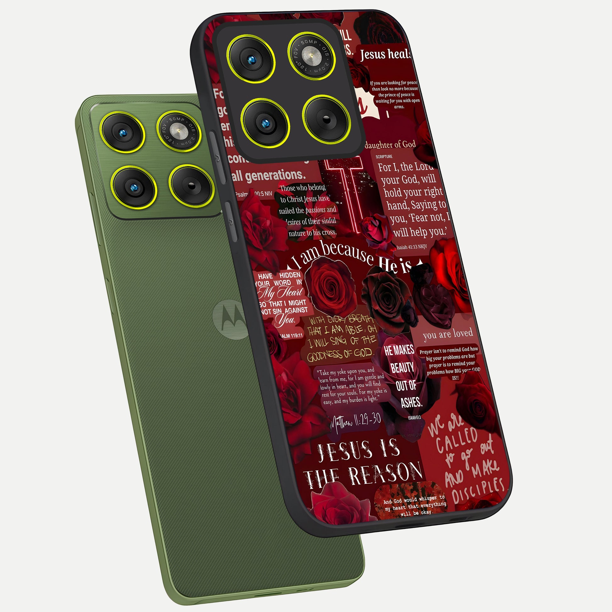  Jesus Love Heals phone case For Moto Edge 70 showing premium glass back cover with detailed artwork