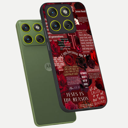  Jesus Love Heals phone case For Moto Edge 70 showing premium glass back cover with detailed artwork