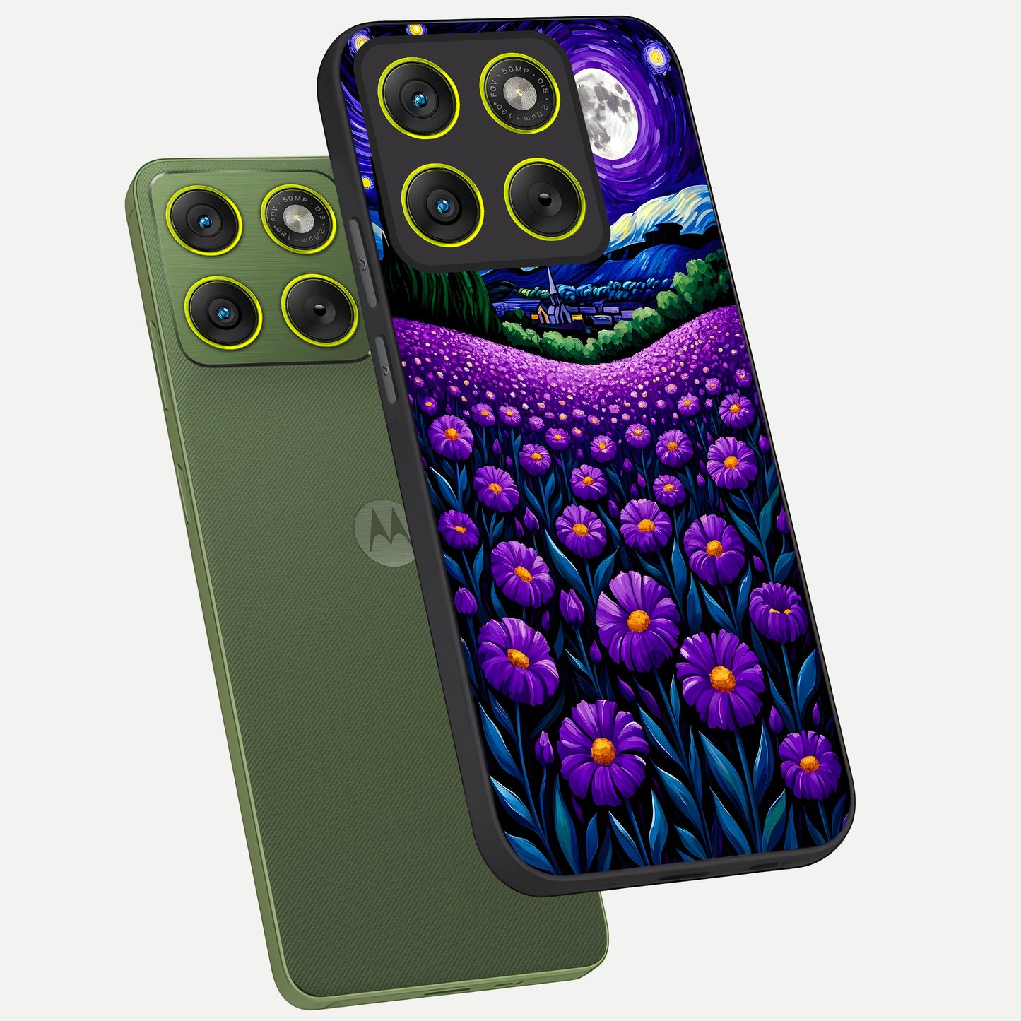  Lavender Moon Field phone case For Moto Edge 70 showing premium glass back cover with detailed artwork