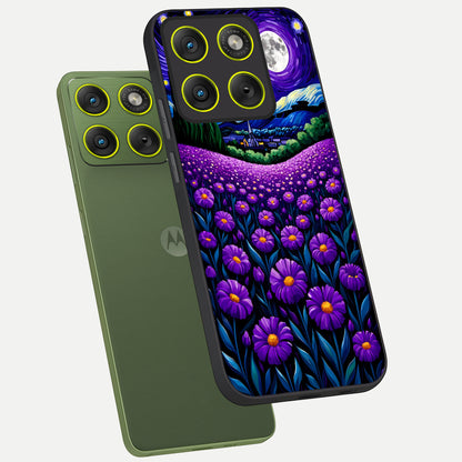  Lavender Moon Field phone case For Moto Edge 70 showing premium glass back cover with detailed artwork