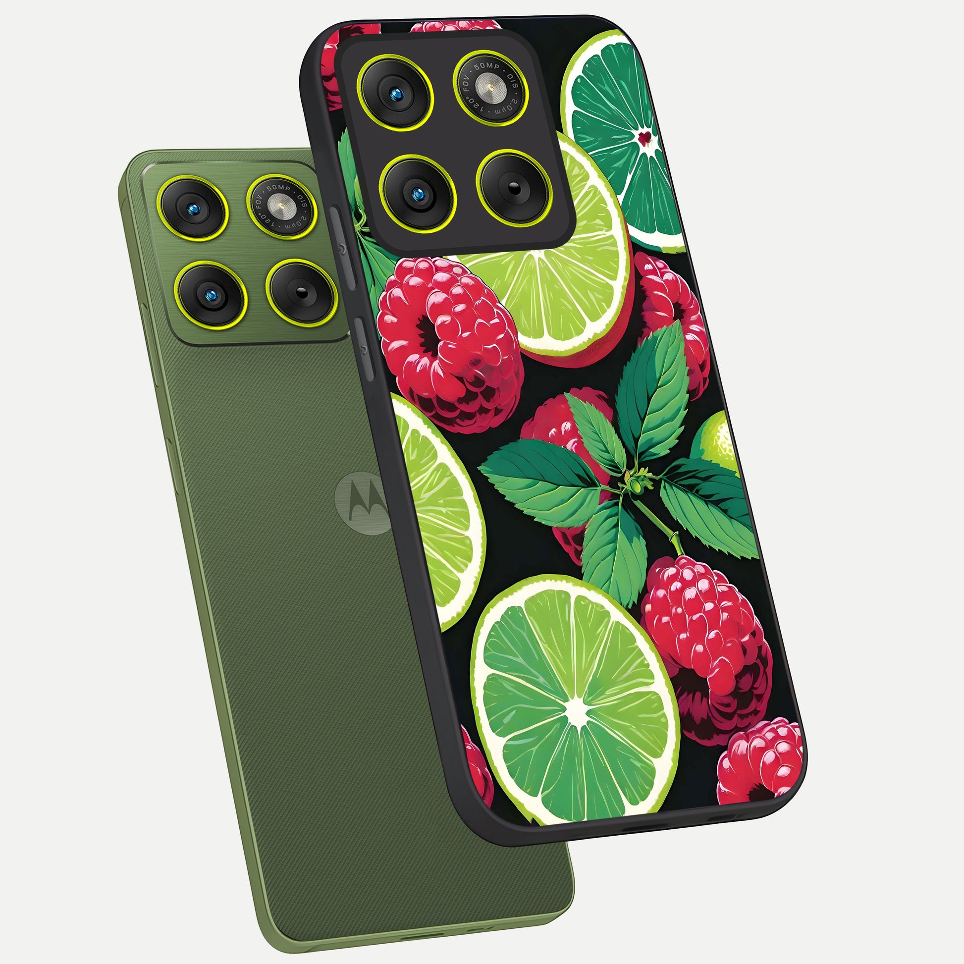  Lime and Raspberry Pattern phone case For Moto Edge 70 showing premium glass back cover with detailed artwork