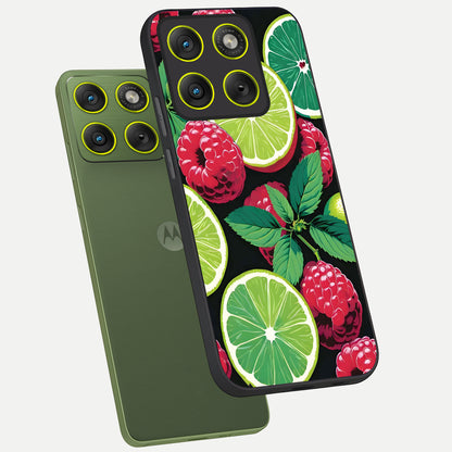  Lime and Raspberry Pattern phone case For Moto Edge 70 showing premium glass back cover with detailed artwork